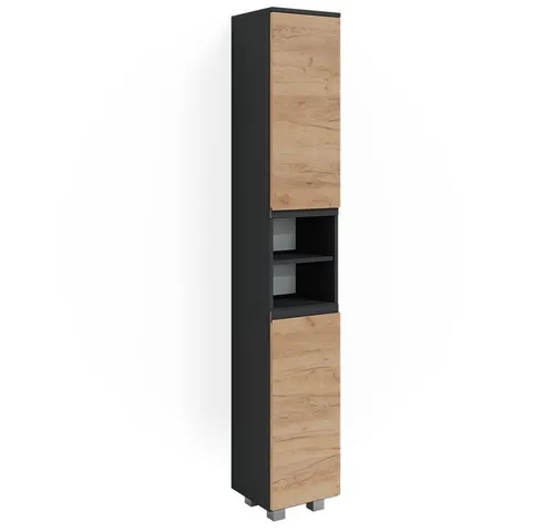Vicco Hochschrank J-Shape, Anthrazit/Eiche, 30 x 190 cm - Hochschrank in modernem Design, 2 Türen und aus robustem spanplatten Material mit pflegeleichter Melaminharzbeschichtung. Ideal für platzsparende Aufbewahrung in jedem Raum.