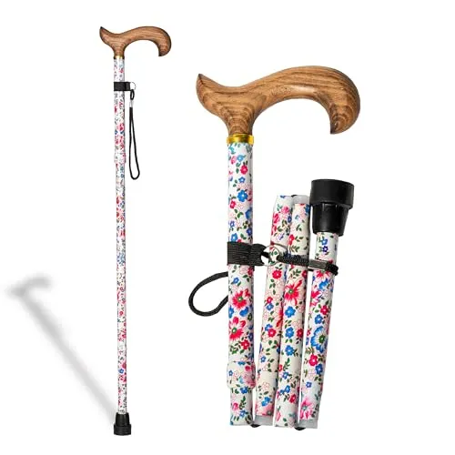 Stützstock aus Aluminium, faltbar, Blumen-Finish und Griff aus warmem Holz, höhenverstellbar 84-92 cm, Gehstock für Tasche oder Koffer nur 30 cm zusammengeklappt (602F)