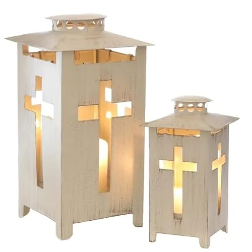 mucHome Grablaterne mit Kreuzdekor 13x13x25cm Grablampe Grableuchte (Weiß)