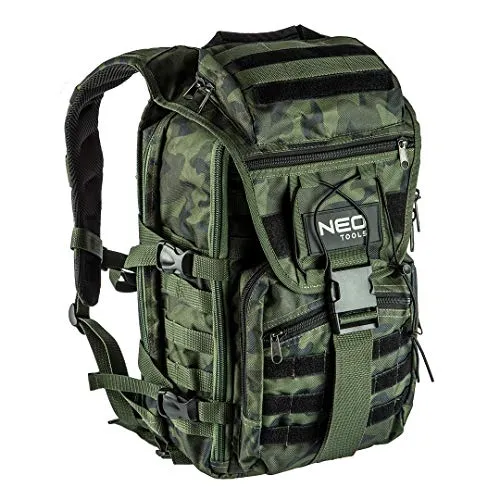 NEO Werkzeugrucksack Überlebensrucksack CAMO - Werkzeugkoffer: Robuster Rucksack aus 100% Nylon 600D mit 18 Innentaschen und praktischem Stauraum für Werkzeuge, ideal für Profi-Handwerker.