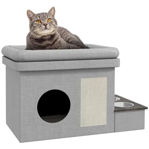 PawHut Katzenhöhle - Stilvolles Katzenhaus aus Spanplatte mit Leinenimitat - Katzenschlafplatz mit zwei Ebenen und integrierter Kratzmatte für ultimativen Komfort und Spielspaß. Perfekt für verwöhnte Stubentiger!