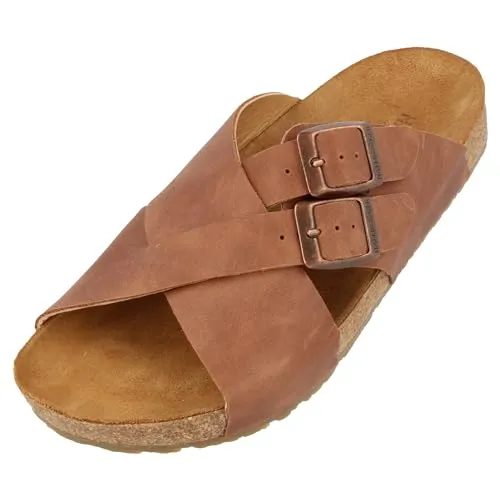 Haflinger Bio Amiga Sommer Sandale Unisex Hausschuh - Bequeme Hausschuhe in Größe 42 aus echtem Leder mit Kork-Latex-Fußbett für optimalen Tragekomfort und Schnallenverschluss.