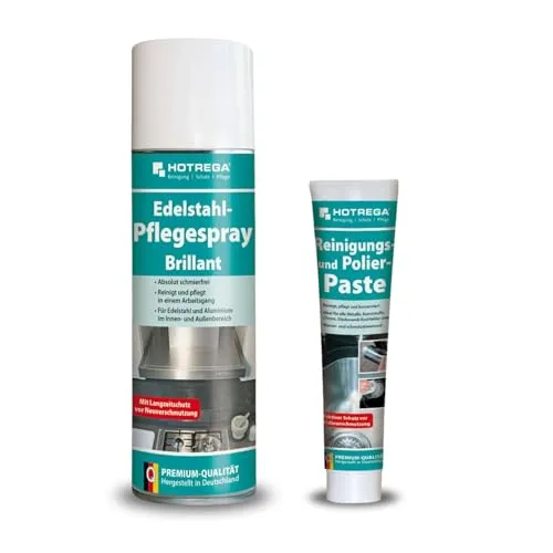 HOTREGA Edelstahl-Pflegespray Brillant 500ml & Polierpaste 125ml - Edelstahl-Pflegespray für strahlende Reinigung: Entfernt mühelos Fett und Kalk, schützt Oberflächen und reduziert Fingerabdrücke. Ideal für Küche und Haushaltsgeräte – für ein dauerhaft gepflegtes Zuhause.