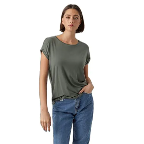 VERO Moda Damen Einfarbiges Stretch T-Shirt Basic Rundhals Top Oberteil Tief Angesetzte Schultern VMAVA, Farben:Grün-2, Größe:XL