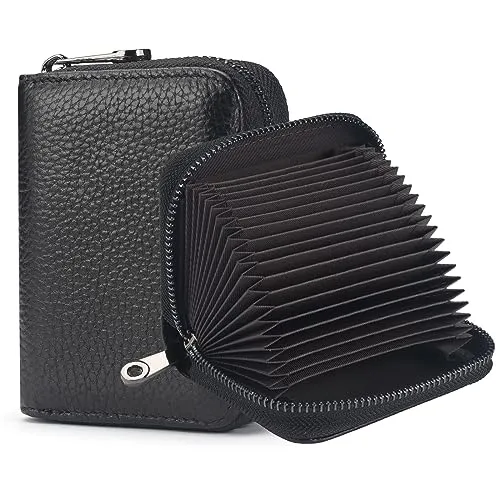 FACATH RFID-Blockierung Kreditkarteninhaber 20 Kartenschlitze Kreditkarteninhaber Echtleder kleines Kartenetui für Frauen oder Männer Akkordeon Brieftasche mit Reißverschluss (Schwarz)