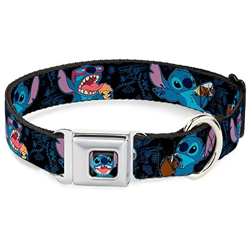 Buckle-Down Seatbelt Buckle Dog Collar - Stitch Snacking Poses Black/Blue - 1