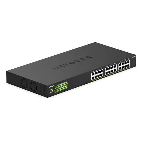 Netgear GS324PP 24 Port Gigabit PoE Switch - Netzwerk-Switch mit 24 PoE+ Ports und 380W Gesamtleistungsbudget, plug-and-play für einfache Einrichtung, ideal für leise Arbeitsumgebungen und vielseitige Montagemöglichkeiten.