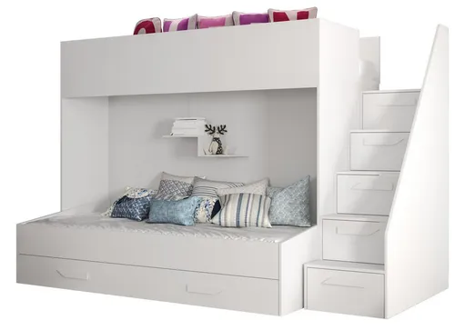 Abiks Möbel Etagenbett, Weiß, 90x200 cm - Hochwertiges Etagenbett aus 16 mm starkem Holz, ideal für Kinderzimmer. Mit glänzenden Fronten und praktischen Klappen in der Treppe - perfekt für platzsparendes Schlafen!
