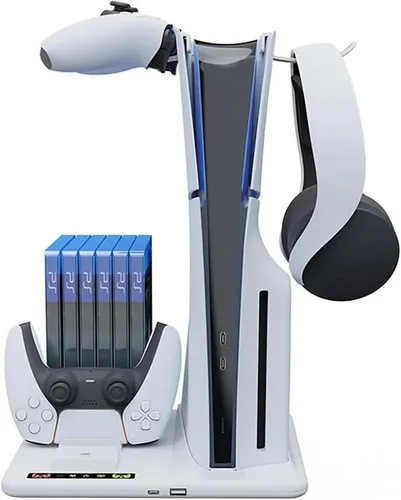 feinlux CT1220 Controller-Ladestation - Multifunktionale Ladestation für PS5-Controller mit integrierter Kühlung und Organizer für Spiele-Discs. Platzsparendes Design für eine aufgeräumte Gaming-Umgebung.