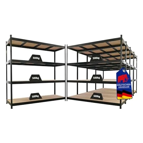 PROREGAL Mega Deal 5X Profi Schwerlastregal Hercules schwarz 200x200x60cm - Robustes Schwerlastregal HERCULES von PROREGAL mit 4 flexiblen MDF-Ebenen und 500 kg Fachlast. Ideal für Werkstatt und Lager – schnell ohne Schrauben montierbar und stabil dank pulverbeschichtetem Stahl.