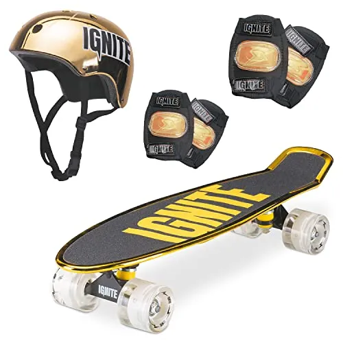 Mondo Toys - Skateboard Ignite Combo Pack Chroma Gold - Polyurethan-Rollen - Skate + Helm + Protektoren - Größe 55 x 15 - Farbe Gold Gold - 25568, Einheitsgröße