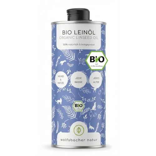 Wolfsbacher Natur Bio Leinöl 1l – Hochwertiges kaltgepresstes Leinöl für Hunde & Katzen - Hochwertiges Leinöl für Hunde und Katzen mit hohem Gehalt an wichtigen Fettsäuren. Ideal für die BARF-Ernährung, 100% biozertifiziert und in Deutschland hergestellt.