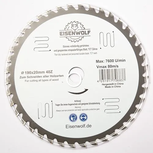 Eisenwolf 190x20 mm vollständig gehärtetes und gespanntes langlebiges und strapazierfähiges Sägeblatt, Kreissägeblatt für Holz mit 40 gekippten TCT-Zähnen und Laser-Cuts für Lärmminderung