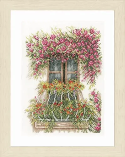 Lanarte Kreuzstichset Fenster mit Blumen - Zählbares Kreuzstich-Set mit detailliertem Zählmuster, ideal für kreative Handarbeitsliebhaber. Enthält 100% Baumwollgarn und eine vergrößerte Zählvorlage für einfaches Sticken.