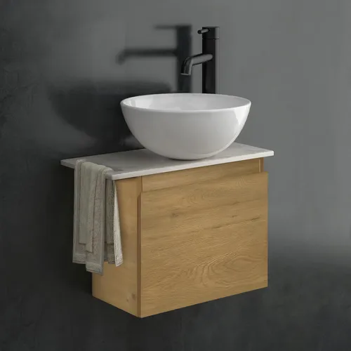 Alpenberger Badmöbel Set: Waschbecken mit Unterschrank & Keramikplatte - Elegantes Badmöbel Set mit pflegeleichter Keramikplatte in Marmor-Optik und rundem Aufsatzwaschbecken. Ideal für platzsparende Lösungen im Bad oder Gäste-WC.