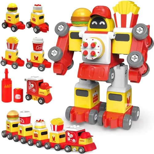 TOYABI Zug Spielzeug, 5 in 2 Frittenwagen, Cola-Wagen, Burger-Wagen, Kuchenwagen Switch and Go Transformers Spielzeug und Weihnachtszug, Geschenke für Jungen und Mädchen ab 3 4 5 6 Jahre