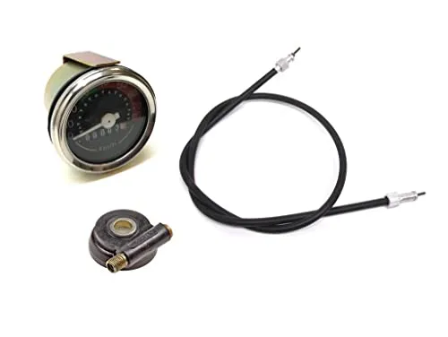 Produktbild Tacho-Set mit Welle & Antrieb passend für Puch Maxi 17 Zoll – Tachometer 80 km/h Ø48mm – VDO Tachoschnecke & Tachowelle 750 mm M10 – Moped Mokick