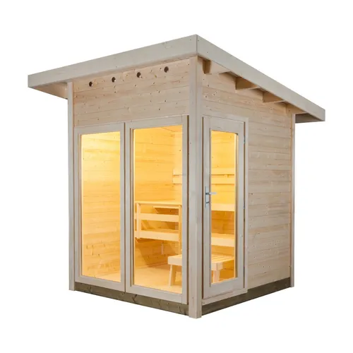Harvia Solide Compact Vision Außensauna 203 x 203 cm - Geräumige Außensauna aus hochwertigem Fichtenholz, ideal für entspannende Momente im Freien. Robuste Bauweise für langanhaltende Freude und Komfort.