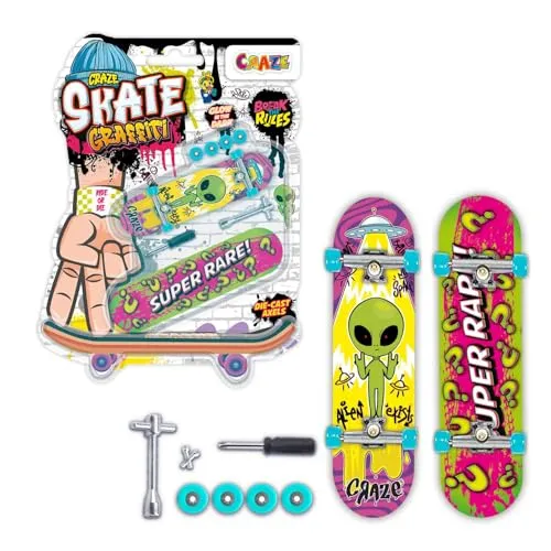 Craze Skate Fingerboard Set 2er Pack – Leuchtende Mini-Skateboards mit Zubehör für Kinder & Fingerboard-Fans – Mini Fingerboards für Tricks & Stunts, Neon