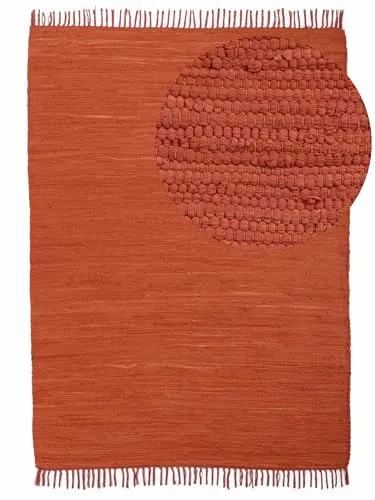 carpetfine Flickenteppich Kelim Chindi Uni Orange 160x230 cm - Teppich in hochwertiger handgewebter Qualität aus 100% Baumwolle, ideal für Wohnräume und Fußbodenheizung geeignet. Verleiht jedem Raum eine gemütliche Boho-Atmosphäre.