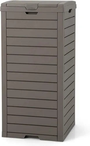 GOPLUS Mülltonnenbox 118 L mit Klappdeckel und Abtropfschale - Braun - Praktische Mülltonnenbox für den Außenbereich mit 118 L Fassungsvermögen. Aus robustem Material, ausgestattet mit ausziehbarer Auffangwanne zur einfachen Reinigung und Doppeldeckeldesign für müheloses Entsorgen.