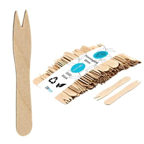 Enpack - Pommes Gabeln Holz 1000 Stück - Pommes Frittes/Currywurst Piekser 8,5cm - umweltfreundliches Einwegbesteck - Holz Pieker - Partybesteck für Snacks- take away