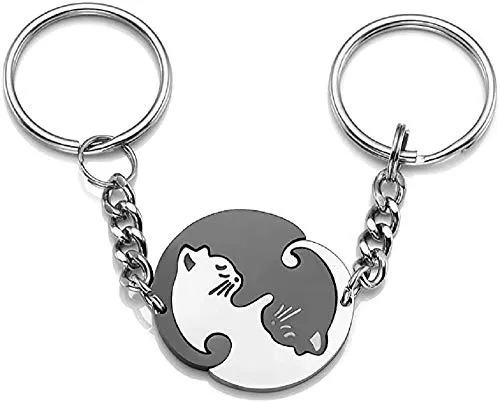 Geschenkehöhle PREMIUM Schlüsselanhänger 2 Paar Katzen Motiv Keychain als Ying Yang Tai-Chi Puzzle Set für Paare aus Edelstahl - Anhänger für den Schlüsselring und Schlüsselbund (schwarz+silber)