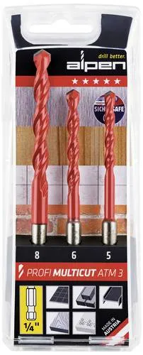 Alpen MultiCut 100803100 Hartmetall Mehrzweckbohrer-Set 3teilig 5 mm, 6 mm, 8mm 1/4