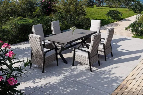 Siena Garden Garten-Essgruppe mit Ausziehtisch - Exklusive Garten-Essgruppe mit elegantem Ausziehtisch und sechs verstellbaren Louvra-Sesseln. Ideal für gesellige Abende im Freien – flexibel und komfortabel für jede Gelegenheit.