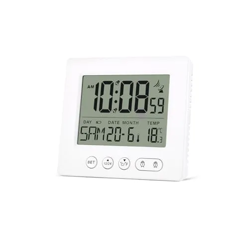 Teepacioka Digitaler Funkwecker mit 2 Weckzeiten, Automatische Zeit, Funkuhr, 5-Minuten Snooze, Temperaturanzeige, 2 x AAA-Batterie (Nicht im Lieferumfang enthalten) (Weiß)