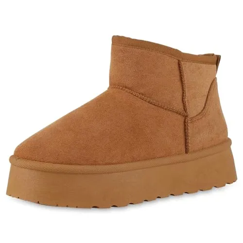 VAN HILL Damen Winter Boots Plateau Profilsohle Bequem Schuhe 214170 Hellbraun 38