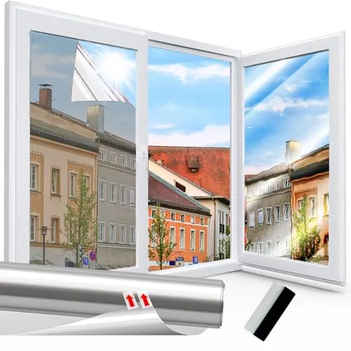 Spiegelfolie Fenster Sichtschutz Fensterfolie Selbsthaftend UV-Schutz Sonnenschutzfolie Fenster Innen oder Außen Statisch Einseitig Spiegelfolie für Haus Büro