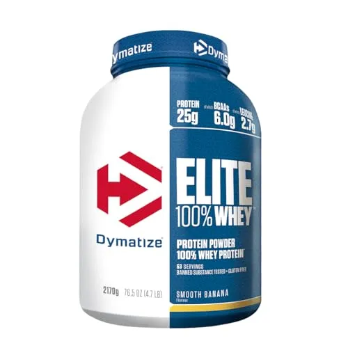 Dymatize Elite 100% Whey Smooth Banana 2170g - Hochwertiges Proteinpulver - Molkenproteine mit 25g Protein pro Portion, ideal für Sportler vor und nach dem Training. Zuckerarm, glutenfrei und enthält essentielle Aminosäuren für Muskelaufbau.
