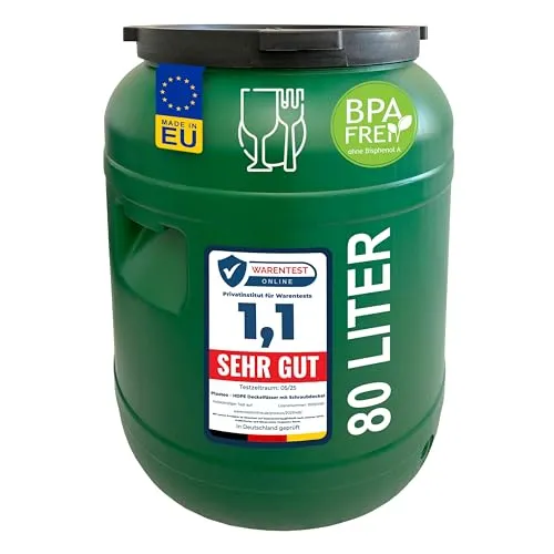 plasteo Weithalsfass 80 L Deckelfass lebensmittelecht – stabiles HDPE Universalfass mit Schraubverschluss, für Futter, Lagerung und Transport, grün, rund