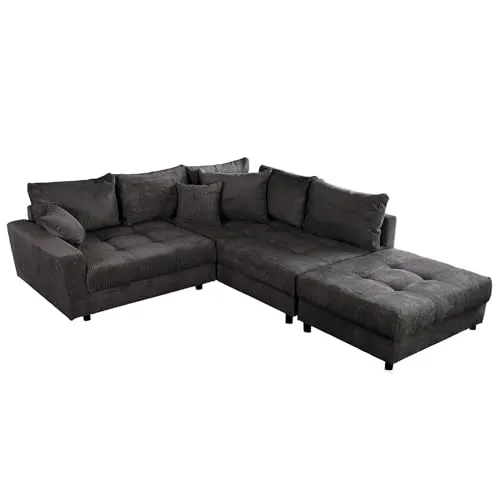 Riess-Ambiente Ecksofa KENT 220cm dunkelgrau - Ecksofa mit Hocker, hochwertiger Cord-Bezug und Federkern für maximalen Sitzkomfort. Ideal für dein Wohnzimmer – schaffe dir eine entspannende Wohlfühloase!