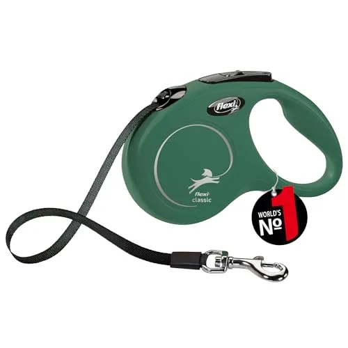 Flexi Koppel New Classic S - 5m Band in Olive für Hunde bis 15 kg - Hunde Zubehör: 5 m Flexi-Leine mit praktischem Quick-Brems-System und robustem Karabiner, ideal für entspannte Spaziergänge.