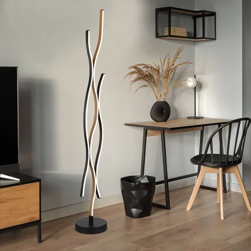 Stehleuchte LED Holzoptik 135cm - Moderne Standlampe in Schwarz - Stehleuchten für stilvolles Wohnen, mit Fußtrittschalter und energiesparender 28W LED, ideal für Wohnzimmer und gemütliche Ecken.