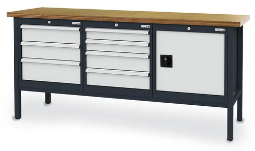 Simplaflex Werkbank CL666341KW20 - Robuste Werkbank mit Buche-Arbeitsplatte, 7 Schubladen und 1 Tür, Traglast bis 800 kg, ideal für Werkstätten und Hobbyräume, Made in Germany.