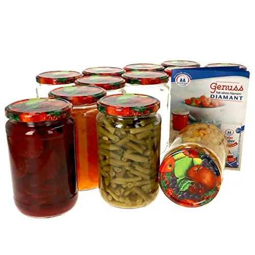 MamboCat Einmachglas 12er Set 720 ml mit Obst-Dekor Deckel - Praktisches 12er Set Einmachgläser mit 720 ml Füllmenge und dekorativen Twist-Off Deckeln. Inklusive GRATIS Rezeptheft für kreative Konservierungsideen!