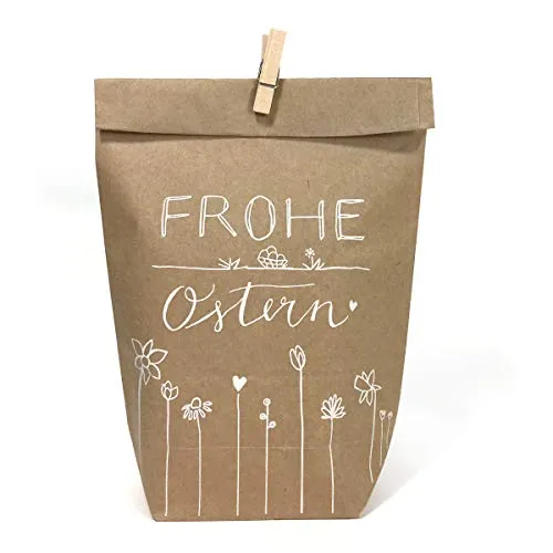 Eine der Guten Ostertüten, Geschenktüten Set - Frohe Ostern - mit 24 gestempelten Kraftpapiertüten & Mini-Holzklämmerchen, Osternest Alternative für Ostergrüße, Mitgebsel & Giveaways, 14 cm x 22cm
