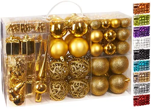 BRUBAKER 101-teiliges Set Weihnachtskugeln mit Baumspitze Gold - Weihnachtsbaumkugeln aus bruchsicherem Kunststoff, ideal für Familien mit Kindern oder Haustieren. Glänzende, matte und glitzernde Oberflächen sorgen für festlichen Glanz und Sicherheit.
