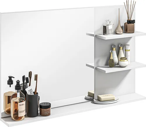 kleankin Badspiegel mit 2 Seitenablagen und unterer Ablage, Moderner Wandspiegel, MDF und Glas, 75x10x48 cm, Weiß