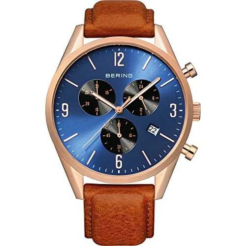 BERING Herren Quarz Uhr 42 mm - Roségold & Blau - Armbanduhren für Herren mit präzisem Quarzwerk und kratzfestem Saphirglas. Stilvolles Design mit roségoldenem Edelstahlgehäuse und hochwertigem Kalbslederarmband.