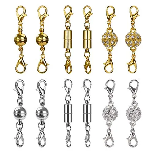 Magnet Schmuck-Verschlüsse Magnetische Karabinerverschlüsse für DIY, Armband, Halskette Schmuck Making, Strass Ball Stil, Zylindrische und Ball Ton (Silber und Gold) 12 Stücke