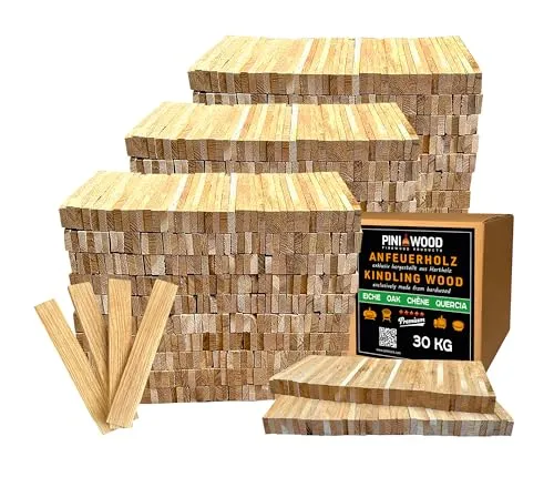 PINI Brennholz Anzünder aus Eichenholz 30 kg - Premium Brennholz für Kamin und Grill, 100% naturbelassen mit langer Brenndauer und ästhetischem Flammenbild – ideal für entspannte Feuerabende.