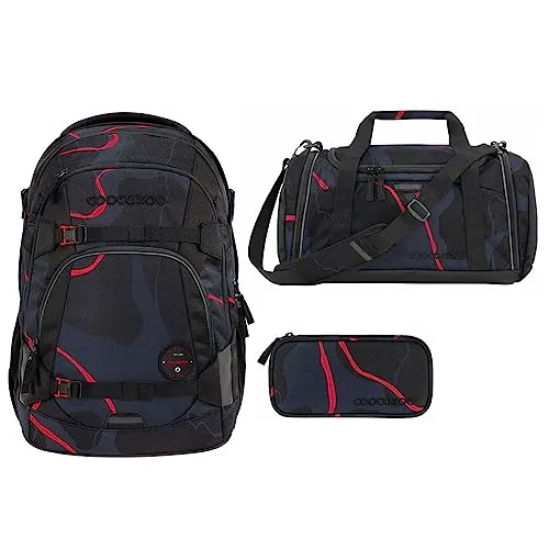 coocazoo MATE Schulrucksack-Set 3tlg (Lava Lines) - Schulranzen-Set mit Rucksack, Sporttasche und Schlamperbox. Praktische 30 Liter Kapazität, ergonomisches EASY GROW SYSTEM und Sicherheitsmerkmale für Sichtbarkeit im Verkehr.