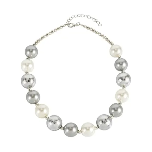 Sanixa Karma NH11399161 Halskette Damen Gold Silber Legierung Kunststoff 40 cm Kette Perlen Perlenkette verstellbar modern Damenhalskette Perlenhalskette Karabinerverschluss (Silber)
