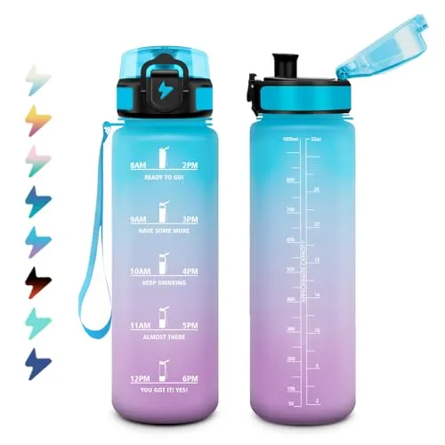 Trinkflasche 1L, Kohlensäure Geeignet, Sport Wasserflasche mit Filte, Einhandöffnung, Auslaufsicher, Motivierende Trinkflasche mit Zeitmarkierung, Sportflasche Perfekt für Camping, Fahrrad, Büro