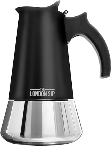 The London Sip Espressokocher Induktion geeignet, Mokkakanne aus Edelstahl, Espressokanne 10 Tassen (500 ml), Moka Pot für alle Herdarten geeignet, Schwarz