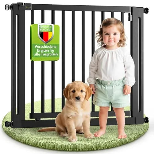 BOMI Kinderschutzgitter Miko PEFC geprüftes Buchenholz | Ohne Bohren | 90° Stop |Treppenschutzgitter aus Holz schwarz | Gitter Türgitter Absperrung für Babys, Kleinkinder, Tiere | Breite: 135-143 cm